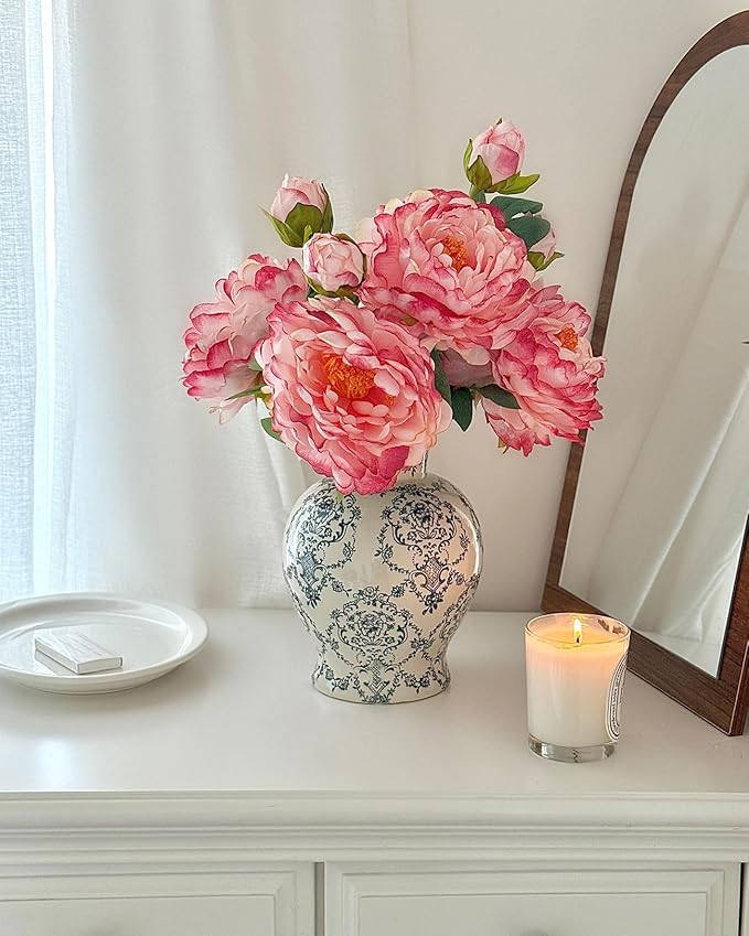 Vintage Chinoiserie Ceramic Vase, Classic Decorative Porcelain Flower Vase for Centerpiece Living Room Table Shelf, Retro Country Decor