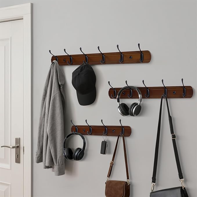 Coat Hooks Wall Mount, Wood Bamboo Wall Coat Rack with 4 Metal Hooks for Hanging Clothes, Towels, Keys, Bags(Brown&Black)