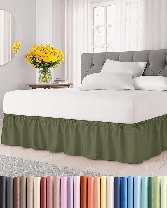 Wrap Around Dust Ruffle Bed Skirt - Sage Green - for Queen Size Beds w/ 14 Inch Drop - Easy Fit Elastic Strap - Adjustable Pleated Bedskirt with Brushed Fabric, Wrinkle Free Women, Men, Kids and Teens