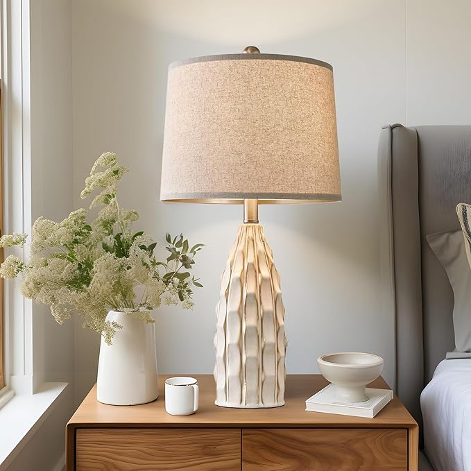 Ceramic Table Lamps Set of 2, 23.75" Modern Farmhouse Bedside Lamp - Cream Nightstand Lamps for Bedroom, Boho Living Room End Tables, Small Office Desk Lamp Decor