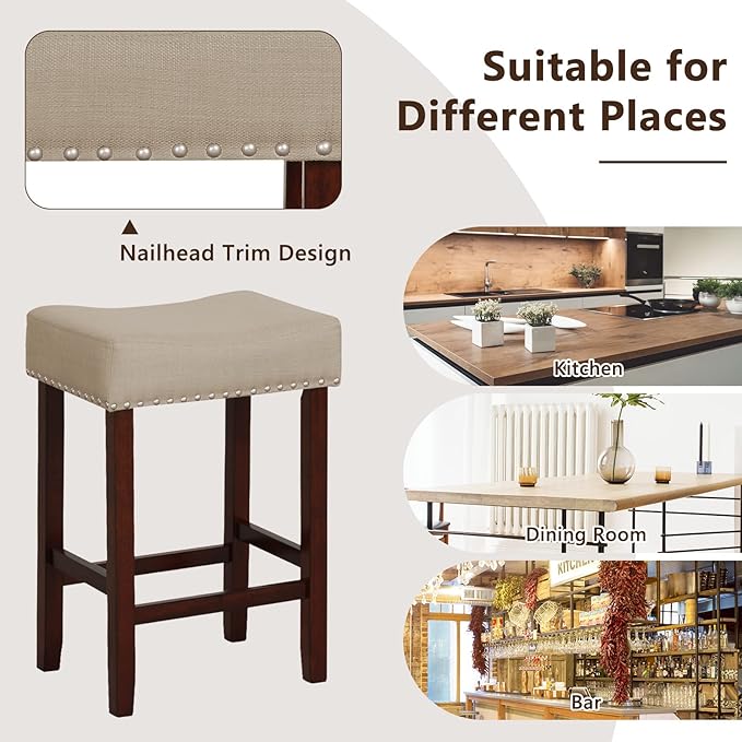 Giantex 25" Counter Height Bar Stools Set of 2 - Backless Saddle Barstools with Nailhead Linen Foam Seat, Max Load 330 Lbs Wood Bar Stools with Foot Rest for Kitchen Island, Khaki