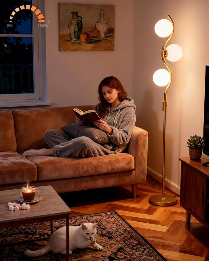 Lightdot 60IN Gold Floor Lamp Stepless Dimmable Globe Floor Lamps with 3Pcs 3000K G9 Bulbs Eye-Friendly Mid Century Standing Lamps with Stable Base for Living Room/Bedroom/Corner/Office