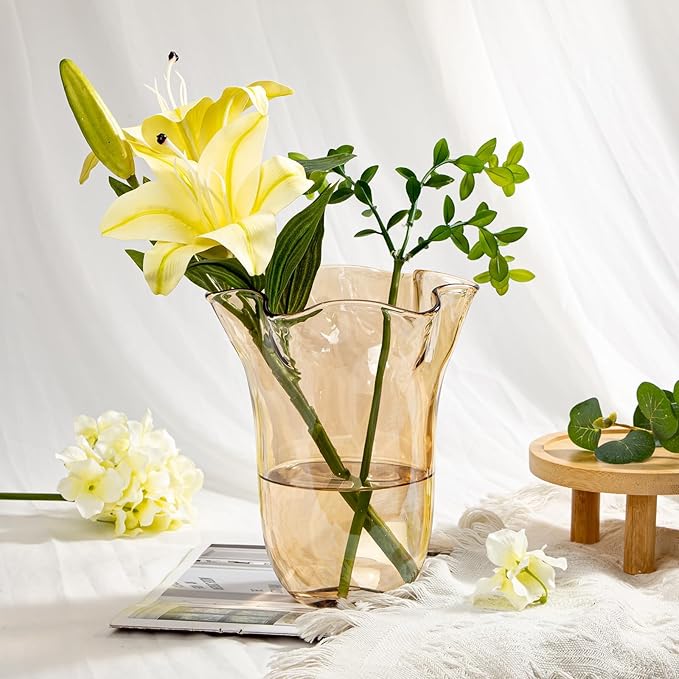 8 inch Amber Glass Vases Large Flower Vases for Centerpiece, Crystal Vases for Flowers Wide Mouth Vase for Home Office Living Room Shelf Wedding Decor (Ionic Light Amber)