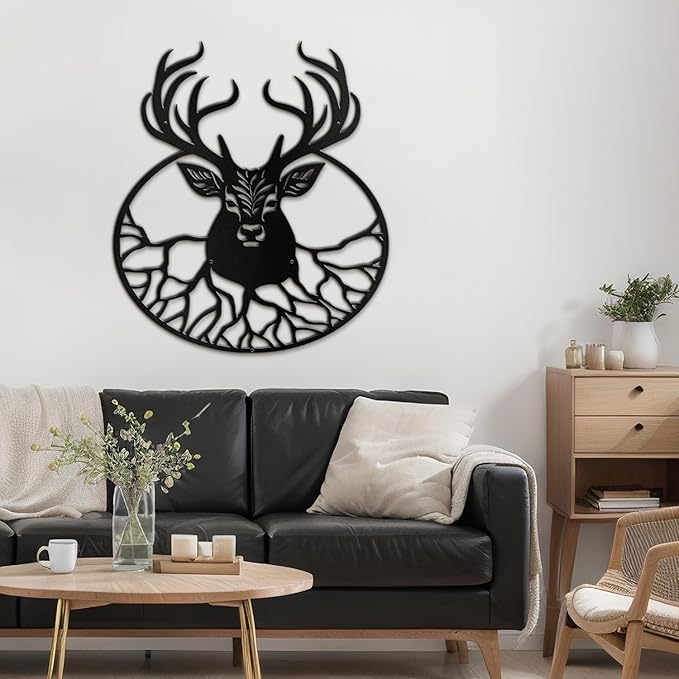 SIGNLEADER Metal Wall Art Decor Deer with Antlers Minimalist Modern Abstract Wall Sculpture Hangings Home Decoration for Living Room, Bedroom, Bathroom, Kitchen, Outdoor - 18" Black
