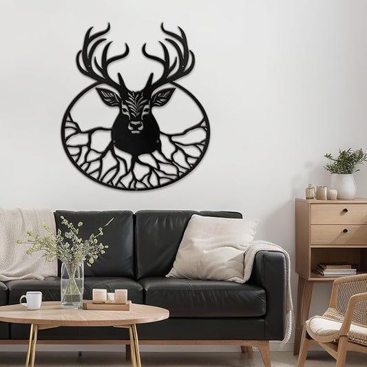 SIGNLEADER Metal Wall Art Decor Deer with Antlers Minimalist Modern Abstract Wall Sculpture Hangings Home Decoration for Living Room, Bedroom, Bathroom, Kitchen, Outdoor - 18" Black