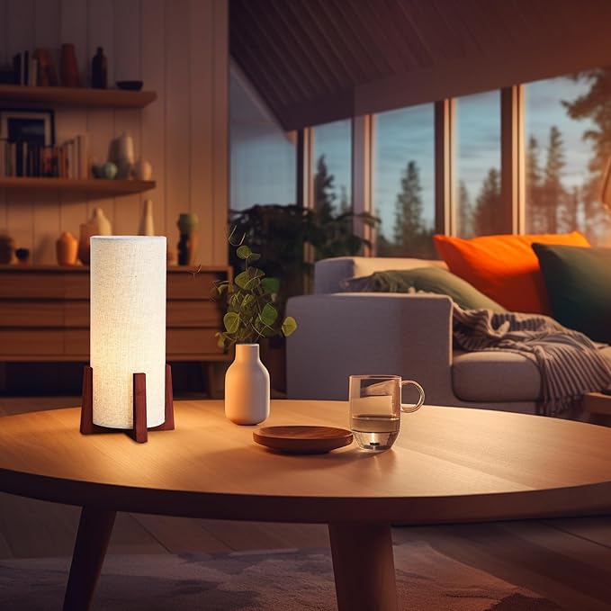 KUNJOULAM Modern Small Table Lamps, Nightstand Lamp with Linen Fabric Shade, 13.9" Cylinder Bedside Table Lamp for Bedroom, Cafe, Living Room Home Decor
