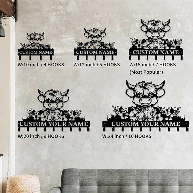 magilab Personalized Custom Highland Cow Wall Hooks,Metal Highland Cow Art Clothes Hooks,Metal Highland Cow Wall Home Storage Decorative,for Front Door, Hallway, Kitchen, Bedroom,Keys,Hats (Style H)
