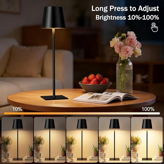 Black Cordless Rechargeable Table Lamp, 2 Pack Portable Desk Lamp with 5000mAh Battery, Touch Control Stepless Dimming, Wireless Night Light for Dining, Outdoor Camping, Coffee Shop, Waterproof Design