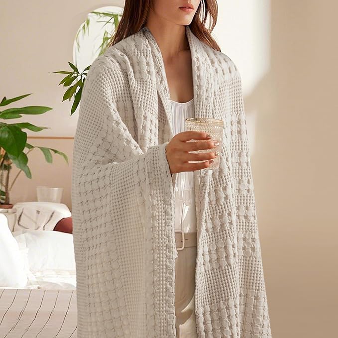 PHF 100% Cotton Waffle Weave Throw Blanket, Soft Lightweight Breathable Cozy Throws for Couch Bed Sofa, 300 GSM Luxury Aesthetic Blanket Gift for Home Decor & Office, 50"x60", Oatmeal