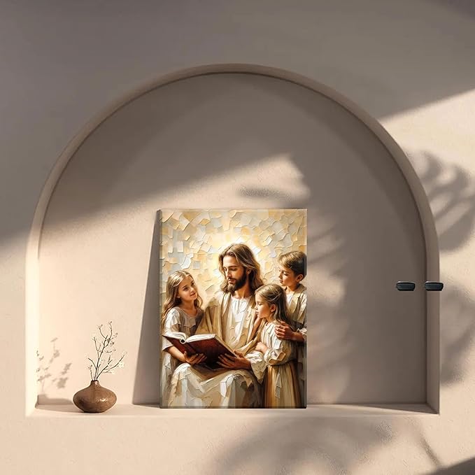 Jesus Teaching Child Canvas Wall Art Christian Kids Room Wall Decor God With Children Painting Pictures Religion Faith Poster Prints for Kids Room Bedroom Church Decoration 12X16