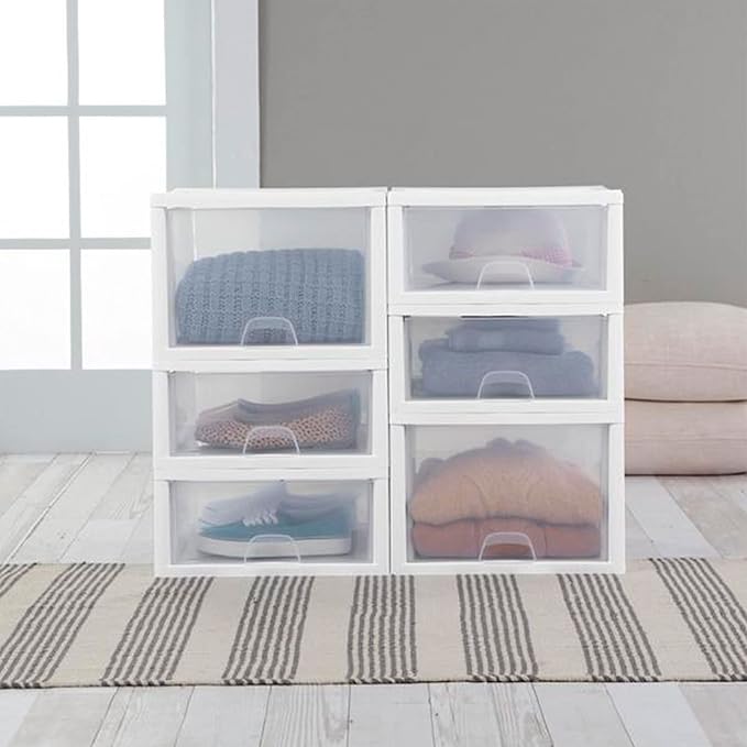 Sterilite 6-Pack 16 Quart Stacking Drawer, Clear Storage Closet Organizer, White Frame - Stackable Modular Plastic Drawers for Clothes, Accessories, Craft Supplies, Shoes or Linens