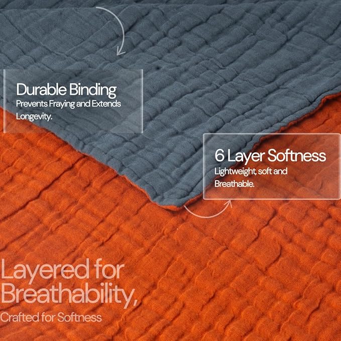 Salt Earth 100% Cotton Muslin Blanket, Gauze Blanket 50"X60" Throw with Tassel 6 Layered, Couch, Bed, Living Room, Home,Lightweight & All Season Blankets & Throws, Skin Friendly (Picante/Dark Slate)