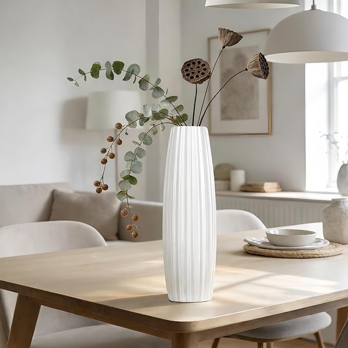 12 Inch White Vase Ceramic Flower Vase, Tall Vases for Pampas Grass, Home Decor, Modern Textured Vases for Living Room Decorations,Table Centerpieces,Shelf,Farmhouse Small Ceramic Vase