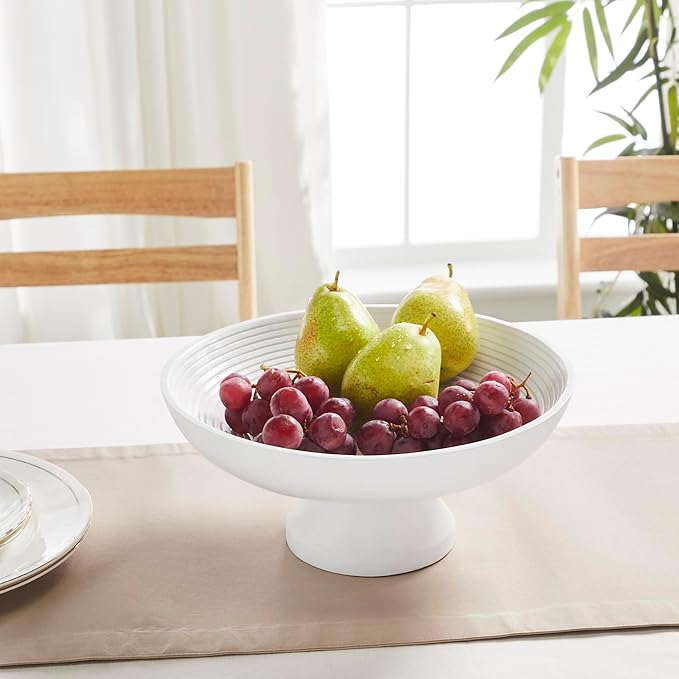 VHC Brands Ribbed White Wooden Fruit Bowl 5.5x12x12, Kitchen Decor, Decorative Wooden Pedestal Bowl, Perfect Centerpiece for Table, Island, or Counter
