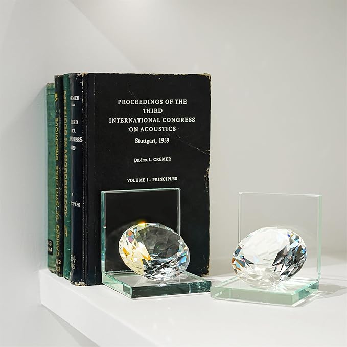 1 Pair Crystal Bookends with 80mm Clear Diamond, L Shaped Heavy Duty Book End for Shelves Non Skid Bookends Book Stopper, 4inch
