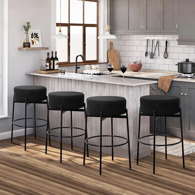 SoarFlash Modern Rotatable Bar Stools Set of 2, 30" Sherpa Swivel Counter Height Stools with Round Soft Padded Boucle Backless Seat, Black