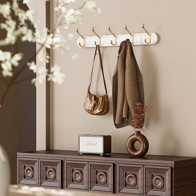 Coat Rack Wall Mount, Bamboo Coat Hanger with 5 Metal Pink Gold Hooks for Hanging Clothes, Towels, Keys, Hats, Bags(White)