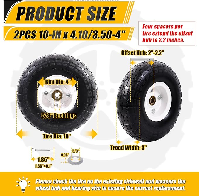 MZREXN 2-Pack 10" Flat Free Solid Tires 4.10/3.50-4 Tire and Wheel, with 5/8" Axle Bore Hole, 2"-2.2" Offset Hub, for Hand Truck, Garden Cart,Trolleys, Yard Trailers, Utility Cart, White
