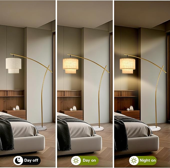 Lightdot Arc Floor Lamp for Living Room, Modern Standing Tall Lamps with Double Linen Lampshade, Tall Hanging Pole Lamp with Stable Metal Base & Foot Switch for Bedroom Home Office-Gold