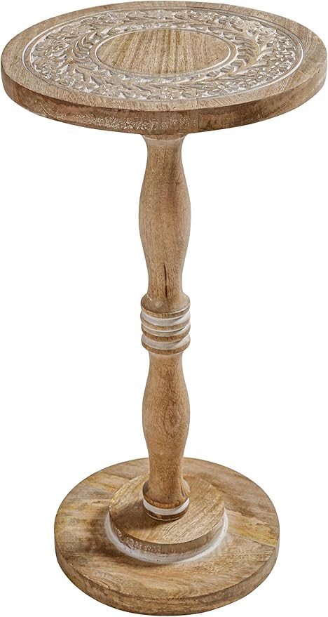 The Wooden Town Hand-Carved Solid Wood End Table - 12x22 White Wash Finish Accent Side Table for Living Room, Bedroom Nightstand, Small Pillar Table for Plants or Décor