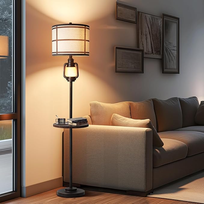 Rustic Farmhouse Metal Tray Floor Lamp For Living Room With Nightlight Vintage Tall Lamp With Linen Fabric Shade Industrial Standing Lamp For Bedroom Office Home House Study (Bulb Included)