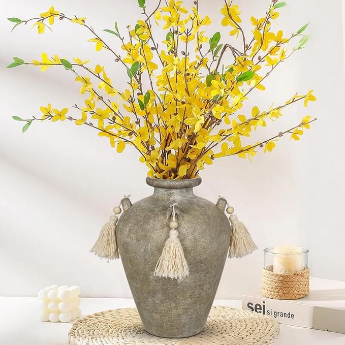 Large Decorative Ceramic Vase with Tassels, 9.4" Boho Flower Vase with Handles, Textured Rustic Farmhouse Vases for Home & Office Decor, Table Centerpiece, Living Room, Entryway, Wedding, Party Decor