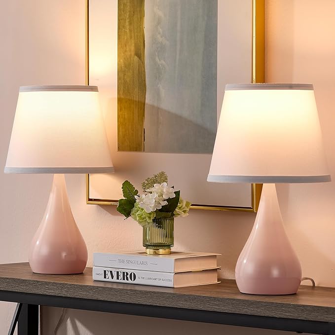 17.3'' Modern Dimmable Touch Lamps for Nightstand 2pcs, Table Lamps for Living Room, Reading Desk Lamp for Office, Bedside Lamps with Iron Base, Small Lamp for Bedroom, Bulb Included, Pink