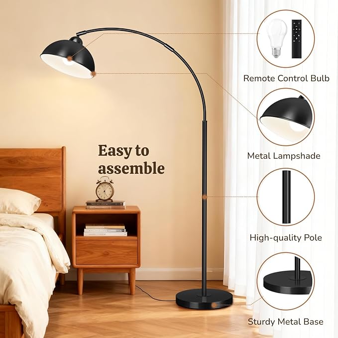 LANICHO Arc Floor Lamps for Living Room, 72" Modern Tall Lamp with Remote Control and Stepless Dimmable 9W LED Bulb, Over Couch Arched Reading Lamp for Bedroom, Office(Black)