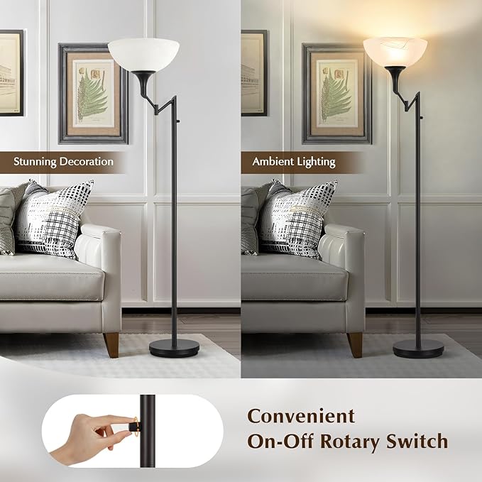 EJIAXIN Floor Lamps for Living Room Black, 70" Tall Standing Lamp with Glass Shade, Torchiere Floor Lamp with 350°Adjustable Swing Arm Lamp, Pole lamp for Bedroom, Living Room, Office, Bulbs Included