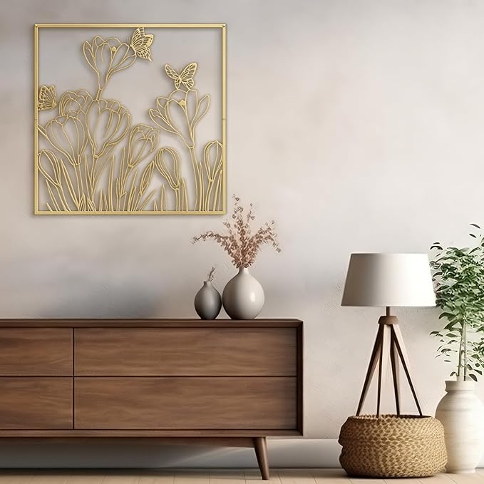 SIGNLEADER Metal Wall Art Decor Butterflies and Wildflowers Minimalist Modern Abstract Wall Sculpture Hangings Home Decoration for Living Room, Bedroom, Bathroom, Kitchen, Outdoor - 18" Gold