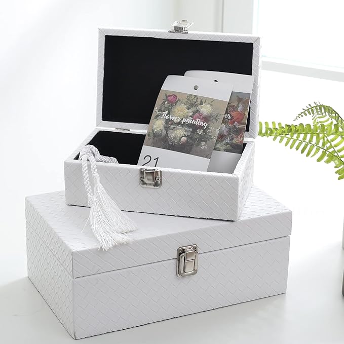Faux Leather Decorative Jewelry Storage Organizer Boxes Set of 2, White