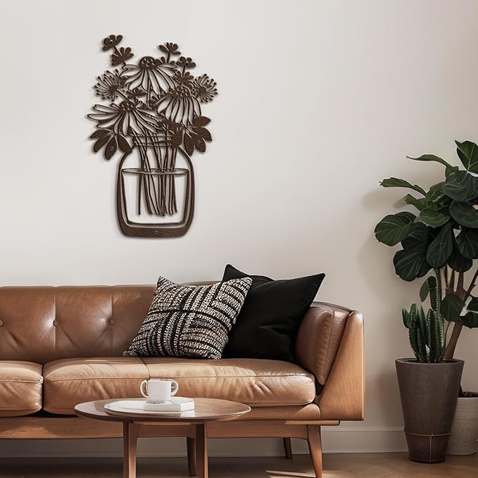 SIGNLEADER Metal Wall Art Decor Flower Bouquet in Bottle Minimalist Modern Abstract Wall Sculpture Hangings Home Decoration for Living Room, Bedroom, Bathroom, Kitchen, Outdoor - 18" Bronze
