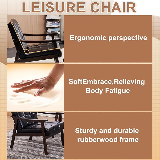 Hjaustevy Leather Accent Chair, Upholstered Arm Chair, Mid-Century Modern Chair with Solid Wood Legs, Lounge Reading Chair with High Back for Living Room, Bedroom, Waiting Room, Black