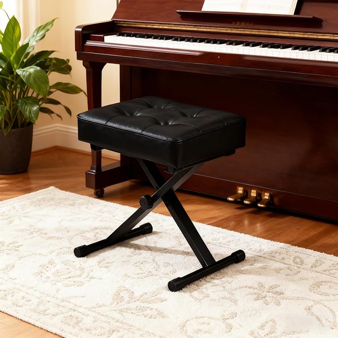 Adjustable Piano Bench Keyboard Bench - Foldable Keyboard Stool with Non-Slip Feet,3-Level Height Suitable for Adults&Kids,Classic Button Design,Premium PU Leather Cushion, Portable Piano Seat (Black)