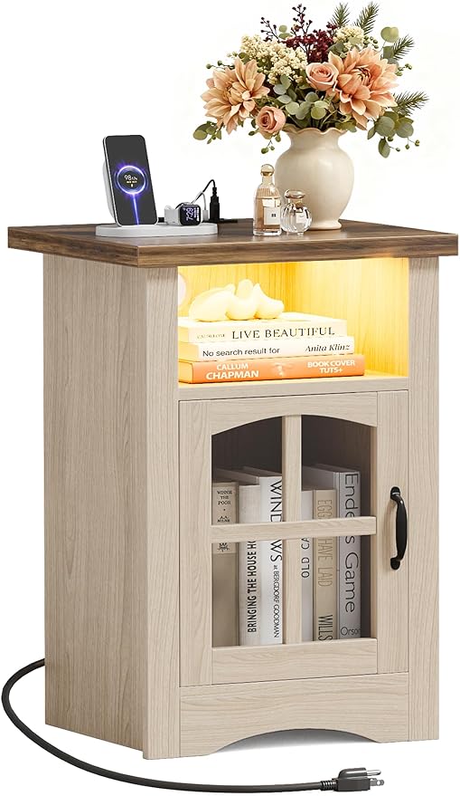 JUMMICO End Table with Charging Station and LED Open Shelf & Glass Door Cabinet, Farmhouse Nightstand with 20W Fast Charge, Side Table for Living Room (1,Light Oak & Brown)