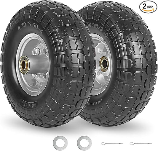 4.10/3.50-4" Flat Free Tire and Wheel, 10" Heavy Duty Solid Tire, 5/8" Axle Bore Hole, 2.2" Offset Hub, for Hand Truck Garden Cart Wagon Trolley Dolly, 2 Pack