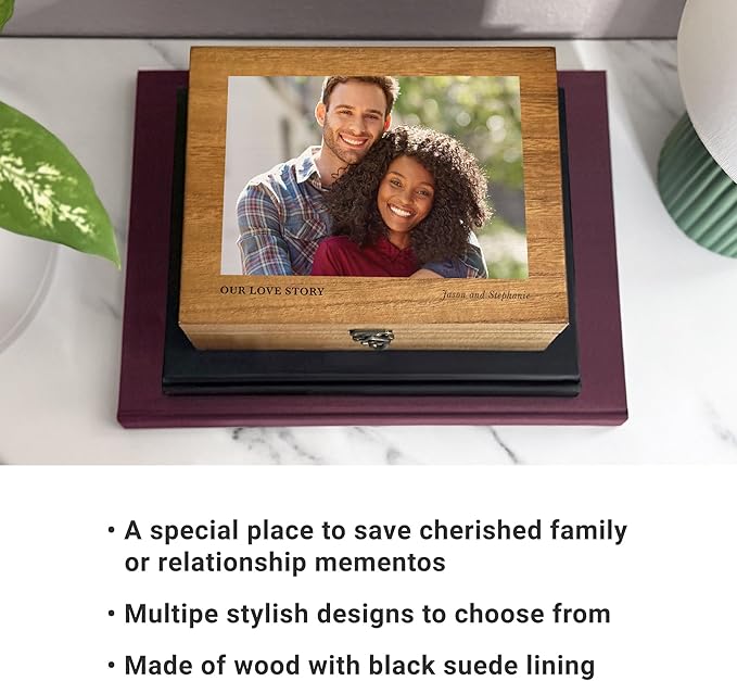 Let's Make Memories Personalized Wooden Keepsake Box With Hinged Lid - Wood Memento Box - Decorative Storage - Home Decor - For Couples, Wedding, Newlyweds - Upload Your Photo - Our Love Story