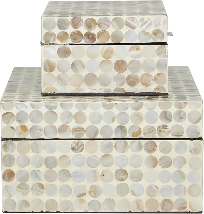 Deco 79 Mother of Pearl Shell Geometric Handmade Decorative Box Decorative Keepsake Boxes with Hinged Lid, Set of 2 Storage Boxes 12", 8"W, Cream