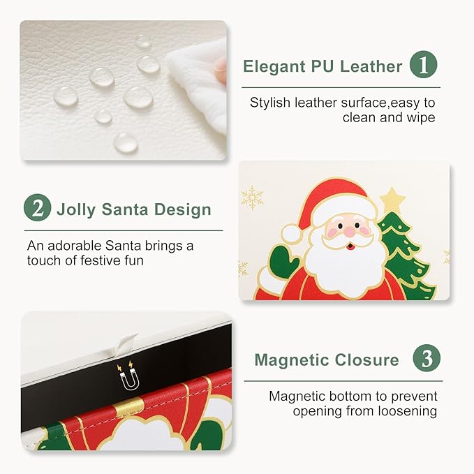 GORESE Christmas Tissue Box Cover for Kleenex, Rectangle Santa Print Tissue Box Holder, PU Leather Christmas Decorative Tissue Covers for Countertop, Xmas Gift for Women and Men