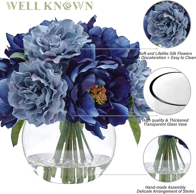 WELL KNOWN Artificial Flowers in Vase, Silk Blue Peonies for Vase with Faux Water, Fake Flower Arrangements for Winter Spring Home Coffee Dining Table Decor Wedding Centerpieces & Christmas Mom's Gift