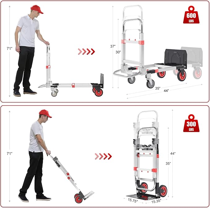 3 in 1 Aluminum Folding Hand Truck Dolly Cart with Wheels 600 Lbs Capacity Collapsible Heavy Duty Convertible Trolley with Retractable Handle for Moving Home Warehouse Office Camping (Red)