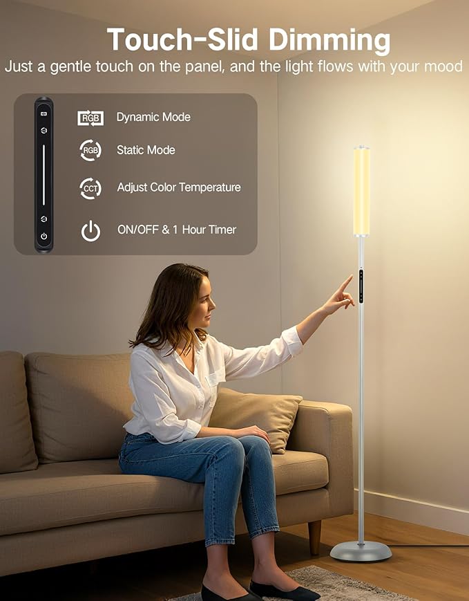 OUTON LED Floor Lamp with Remote & APP Control, 1500LM Ultra Bright Tall Standing Lamp, 16 Million Colors, 32 Scene Modes & Music Sync, Modern Corner Lamps for Living Room, Bedroom, Gaming, Grey
