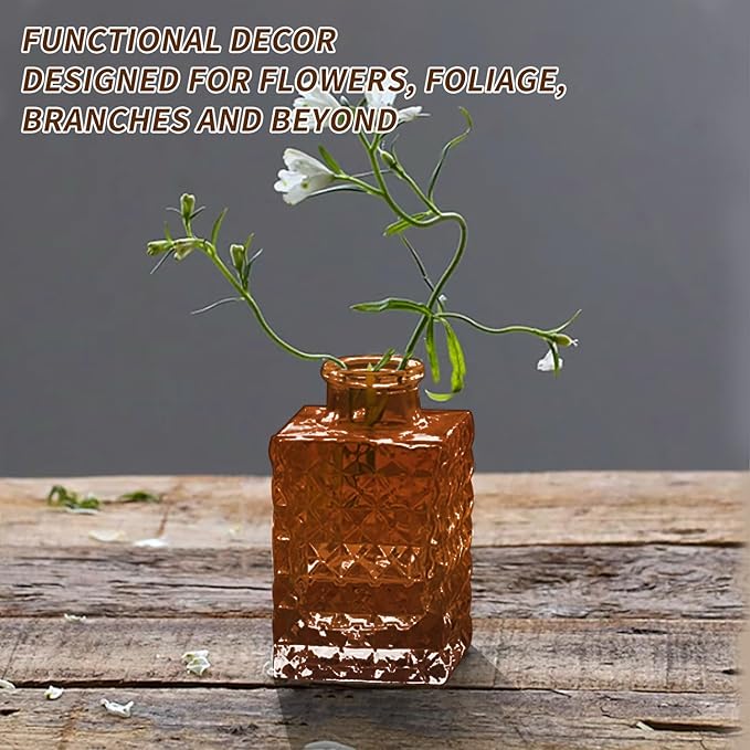 KUAGUINZUHE 12 Pcs Glass Bud Vase Set, Small Amber Vintage Flower Vases for Wedding Centerpieces in Bulk, Mini Embossed Vases for Home Table Decor, Party, Baby Shower Decorations