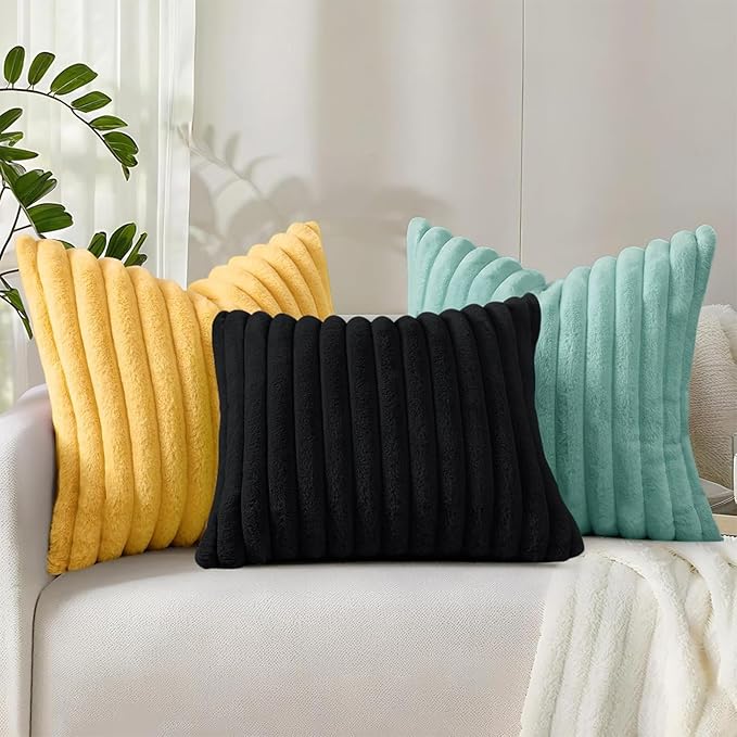 decorUhome Faux Fur Spring Throw Pillow Covers 26x26 Set of 2, Decorative Soft Plush Striped Neutral Couch Euro Sham Pillow Covers with Velvet Back for Sofa, Bed, Living Room Home, Mustard Yellow