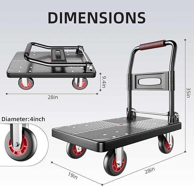 Upgraded Foldable Push Cart Dolly | 880 lbs. Capacity Moving Platform Hand Truck | Heavy Duty Space Saving Collapsible | 5‘’ TPR 360-Degree Silent Wheels | 2 Swivel Wheels and 2 Rigid Wheels