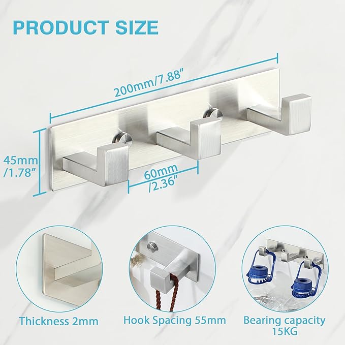 Alise Coat Hooks Wall Mount,Hat and Coat Rack with 3 Hooks Wall Mount Key Hooks for Robes,Bags,Keys,and Towels,SUS304 Stainless Steel Wall Hooks for Hanging,Self Adhesive or Drilling,Brushed