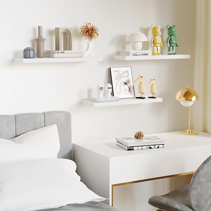 3-Pack 24" White Modern Wooden Floating Shelves, Wall Mounted, Set of 3, 6.7" W x 24" L x 1" H, 25lbs Load Capacity Each, Perfect for Bathroom, Kitchen, Living Room, Bedroom