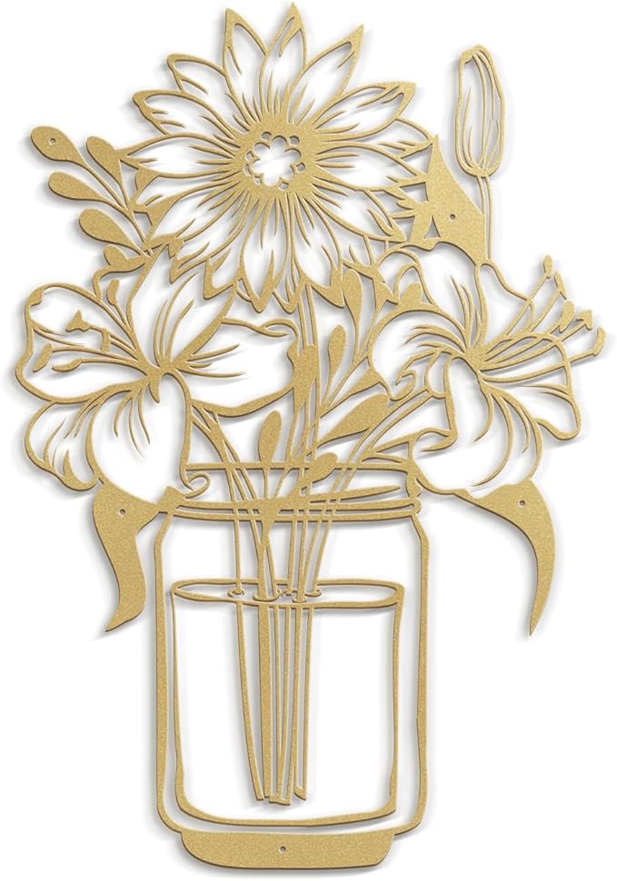 SIGNLEADER Metal Wall Art Decor Flowers in Bottle Minimalist Modern Abstract Wall Sculpture Hangings Home Decoration for Living Room, Bedroom, Bathroom, Kitchen, Outdoor - 18" Gold