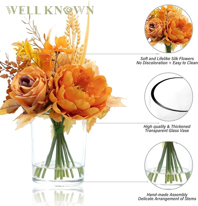 WELL KNOWN Artificial Flowers in Glass Vase, Orange Wrist Gold Silk Rose Peony Flower Bouquet with Fake Water for Fall Winter Home Dinning Table Wedding Christmas Party Lavatory Kitchen Decor & Gift