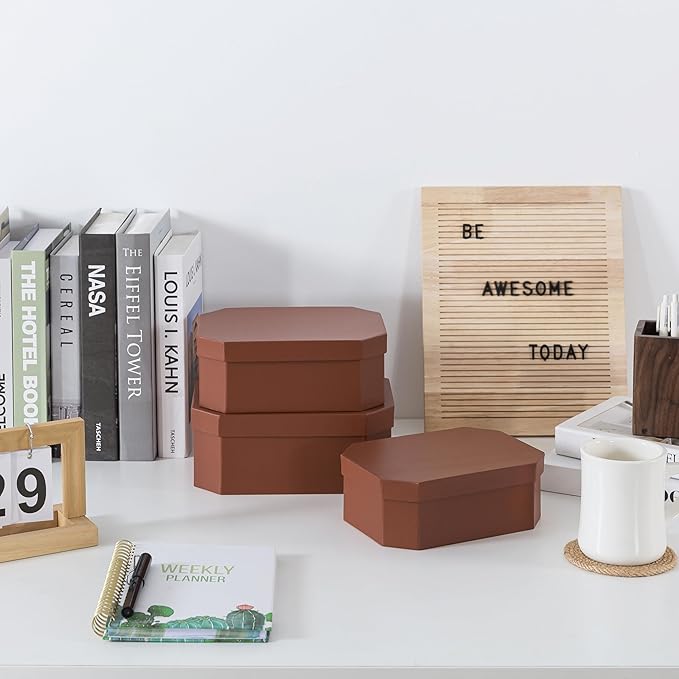 Soul & Lane Octagon Vegan Leather Decorative Boxes in Light Brown, Set of 3 Unique Durable Nesting Cardboard Storage Memory Boxes for Organizing, Keepsakes, Gifts